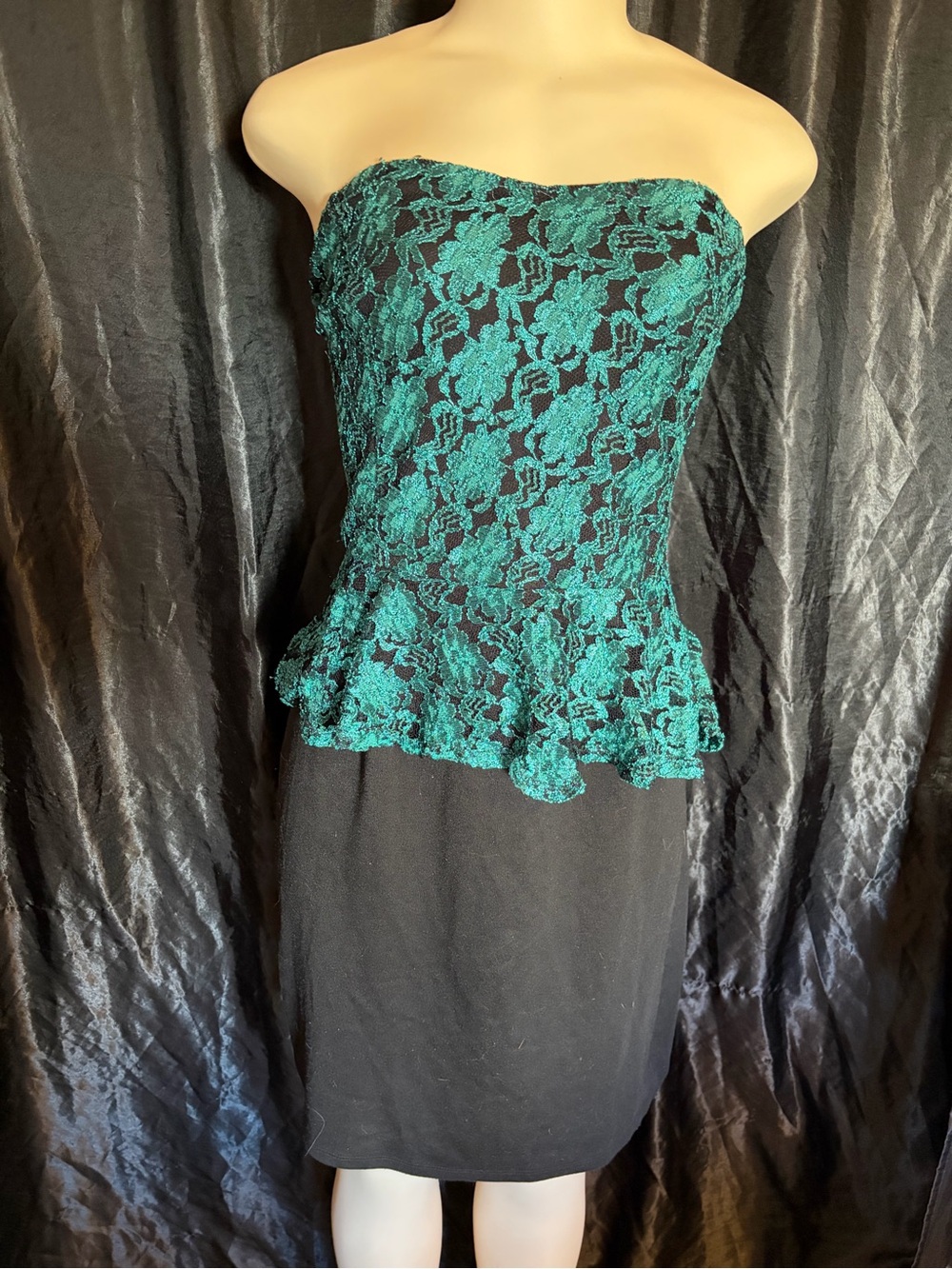 Rhapsody Strapless Teal Lace Peplum Dress with Black Skirt